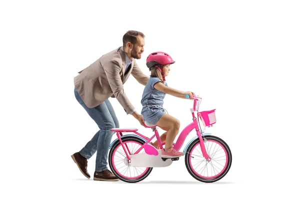 Perfil Pai Ensinando Uma Menina Andar Bicicleta Isolada Fundo Branco — Fotografia de Stock