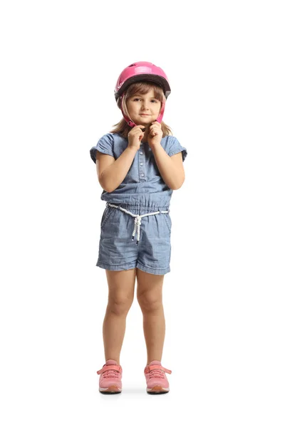 Full Length Portret Van Een Meisje Zetten Een Roze Helm — Stockfoto