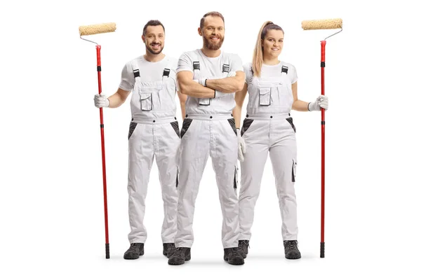 Male Female House Painters White Overall Pants Smiling Camera Isolated — Stock Photo, Image