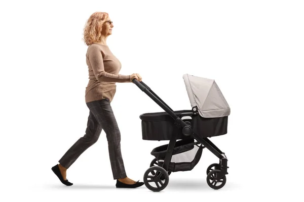 Full Length Shot Mature Woman Pushing Baby Stroller Isolated White — Stock Photo, Image