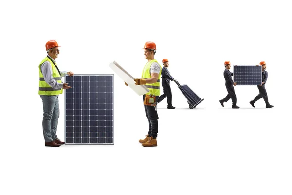 Ingenieros Mirando Plano Trabajadores Portando Paneles Fotovoltaicos Aislados Sobre Fondo —  Fotos de Stock