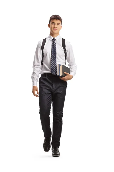 Портрет Студентки Чоловічої Статі Носить Книги Йде Камери Ізольовано Білому — стокове фото