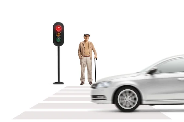 Elderly Gentleman Standing Cane Traffic Lights Isolated White Background — Stock Photo, Image
