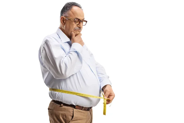 Worried Mature Man Measuring His Waist Isolated White Background — Stock Photo, Image