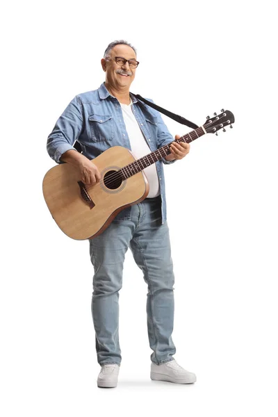 Full Length Portrait Mature Man Standing Playing Acoustic Guitar Isolated — Stock Photo, Image