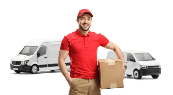 Delivery Man Van Holding Cardboard Box Isolated White Background — Stock Photo, Image