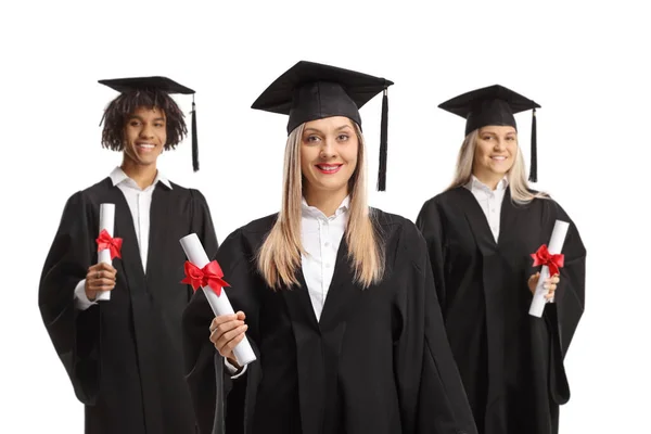Estudiantes Afroamericanas Caucásicas Con Diplomas Posgrado Aislados Sobre Fondo Blanco — Foto de Stock
