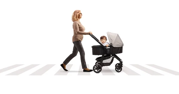 Full Length Profile Shot Mature Woman Pushing Baby Stroller Pedestrian — Stock Photo, Image