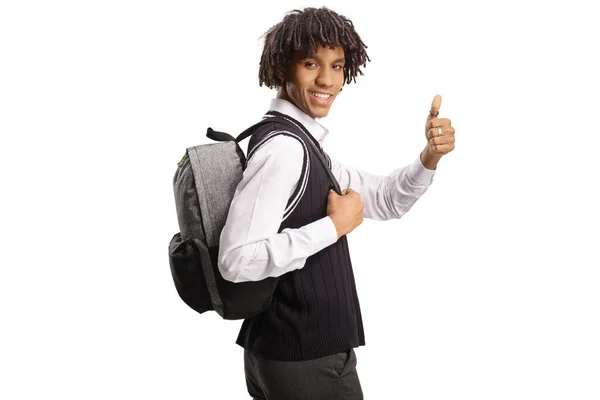 African American Male Student Looking Shoulder Gesturing Thumbs Isolated White — Stock Photo, Image