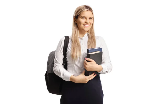Γυναίκα Φοιτητής Κρατώντας Βιβλία Και Χαμογελώντας Απομονωμένη Λευκό Φόντο — Φωτογραφία Αρχείου