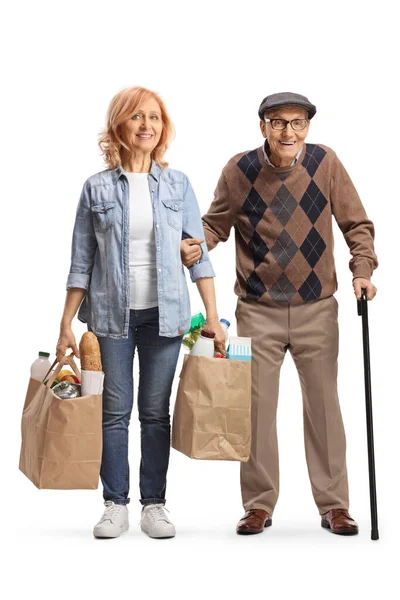 Daughter Helping Her Elderly Father Carrying Grocery Bags Isolated White — Stock Photo, Image
