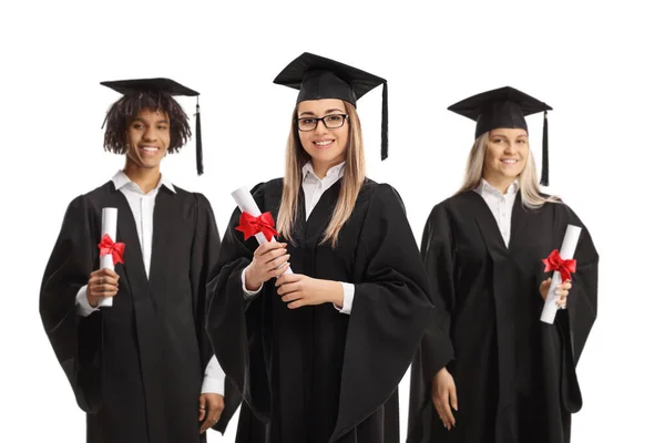 Studenti Laureati Posa Con Diploma Mano Isolato Sfondo Bianco — Foto Stock