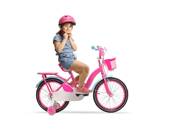 Little Girl Putting Helmet Sitting Bicycle Training Wheels Isolated White — Stock Photo, Image