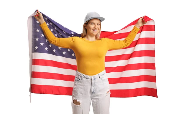 快乐的女性 拿着一面白色背景的美国国旗 — 图库照片