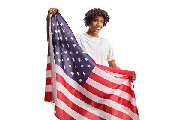 African American Casual Guy Holding Usa Flag Smiling Isolated White Stock Image