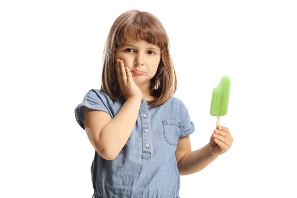 Sad Little Girl Lollipop Ice Cream Holding His Cheek Having — Stock Photo, Image