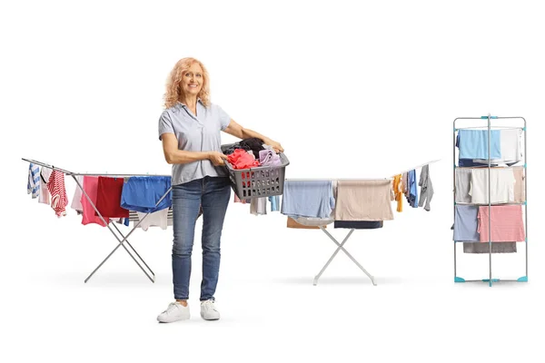 Full Length Portrait Mature Woman Holding Laundry Basket Front Washing — Stock Photo, Image