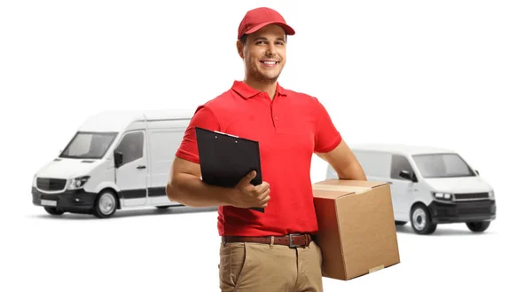 Delivery Worker Uniform Holding Clipboard Box Front Transport Vans Isolated — Stock Photo, Image