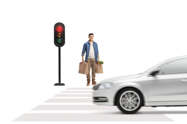Full Length Portrait Guy Carrying Grocery Bags Waiting Traffic Lights — Stock Photo, Image