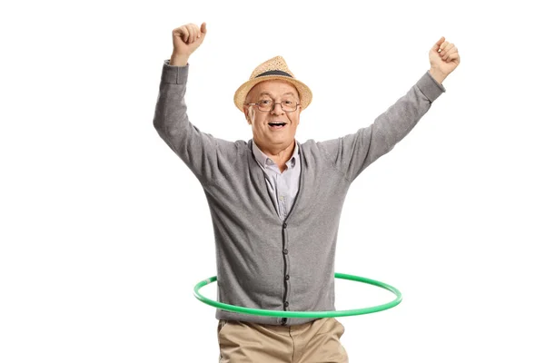 Retrato Anciano Excitado Haciendo Girar Aro Hula Aislado Sobre Fondo —  Fotos de Stock
