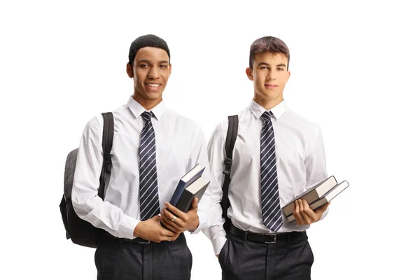 Männliche Schüler Schuluniformen Mit Büchern Auf Weißem Hintergrund — Stockfoto