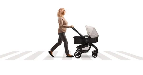 Full Length Profile Shot Mature Woman Pushing Baby Stroller Pedestrian — Stock Photo, Image