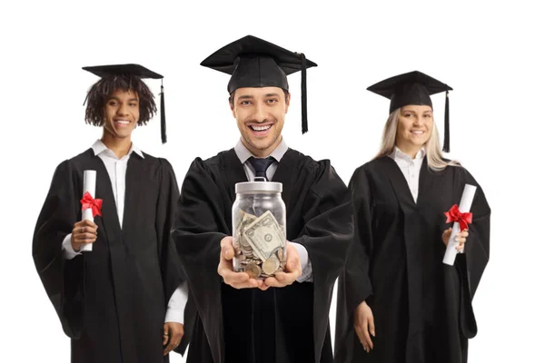 Graduate Studenten Met Diploma Een Glazen Pot Met Geld Geïsoleerd Stockfoto