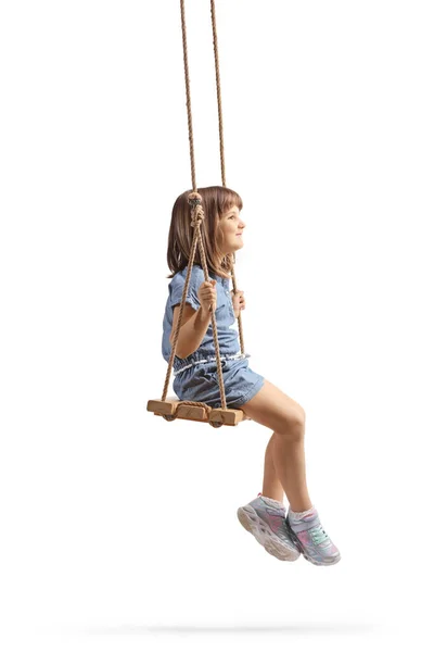 Full Length Profile Shot Happy Little Girl Siedzi Drewnianej Huśtawce — Zdjęcie stockowe