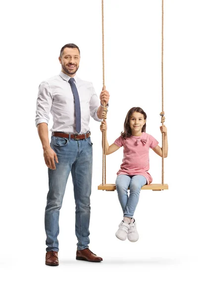 Full Length Portrait Father Standing Nexto Girl Swing Isolated White — Stock Photo, Image