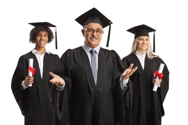 Univeristy Dekan Und Studenten Abschlussklamotten Isoliert Auf Weißem Hintergrund — Stockfoto