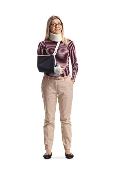 Full Length Portrait Injured Woman Arm Sling Cervical Collar Isolated — Stock Photo, Image