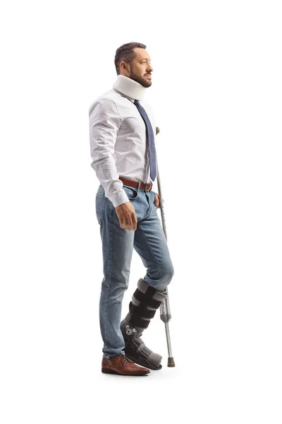 Profile Shot Young Man Orthopedic Boot Cervical Collar Standing Crutch — Stock Photo, Image