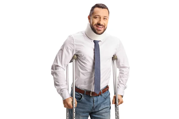 Portrait Injured Man Cervical Collar Leaning Crutches Isolated White Background — Stock Photo, Image