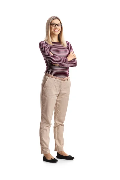 Full Length Shot Young Woman Standing Folded Arms Isolated White — Stock Photo, Image
