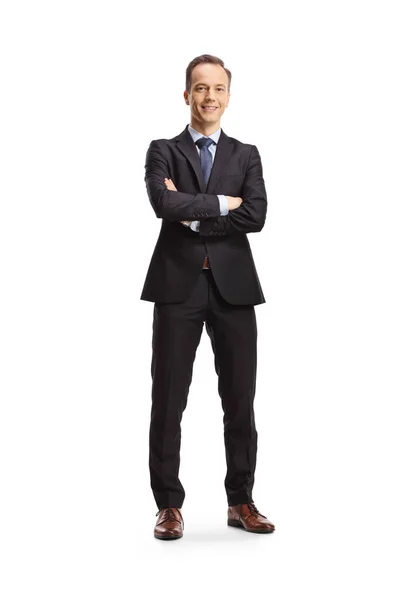 Pełny Portret Biznesmena Stojącego Złożonymi Ramionami Uśmiechniętego Odizolowanego Białym Tle — Zdjęcie stockowe