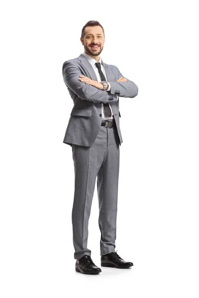 Full Length Shot Businessman Standing Folded Arms Smiling Isolated White — Stock Photo, Image