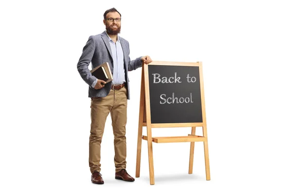 Full Length Portrait Male Teacher Standing Next Blackboard Text Back — Photo