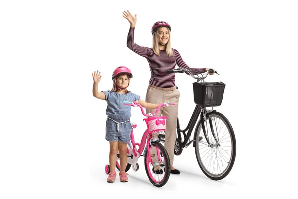 Little Girl Her Mother Waving Standing Bicycle Isolated White Background — Stock Photo, Image