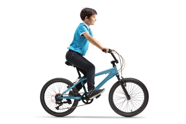 Full Length Profile Shot Boy Riding Blue Bicycle Isolated White — Zdjęcie stockowe