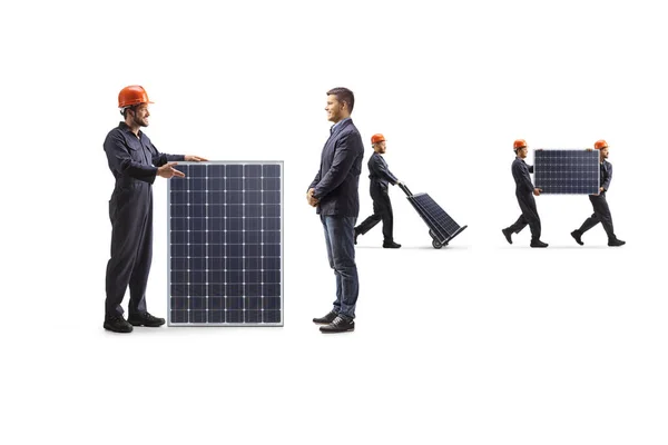 Trabajador Fábrica Con Panel Fotovoltaico Hablando Con Hombre Aislado Sobre —  Fotos de Stock
