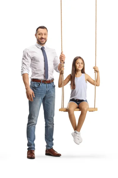 Full Length Portrait Man Standing Next Girl Swing Isolated White — Stock Photo, Image