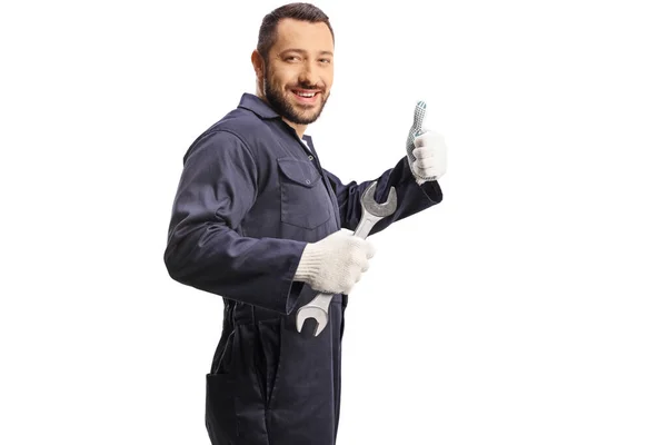 Car Mechanic Holding Wrench Showing Thumb Sign Isolated White Background — Stock Photo, Image