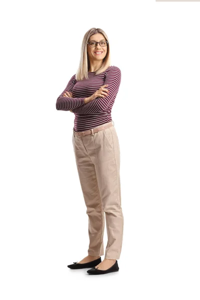Full Length Shot Young Casual Woman Standing Folded Arms Isolated — Stock Photo, Image