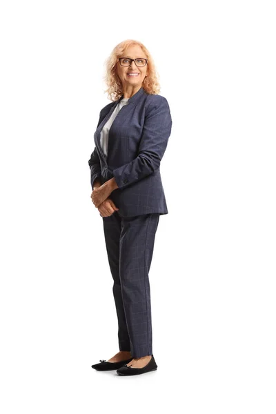 Leende Mogen Affärskvinna Marinblå Färg Kostym Isolerad Vit Bakgrund — Stockfoto