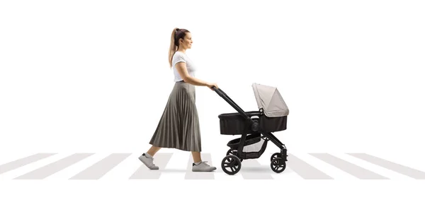 Full Length Profile Shot Young Mother Pushing Stroller Crossing Street — Stock Photo, Image
