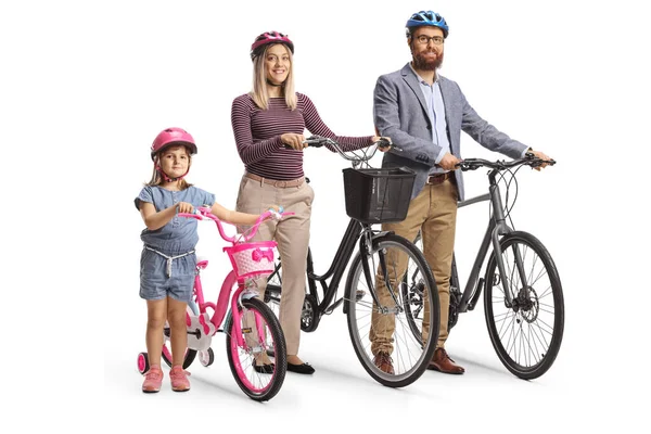 Niño Con Padre Madre Con Cascos Pie Con Bicicletas Aisladas —  Fotos de Stock