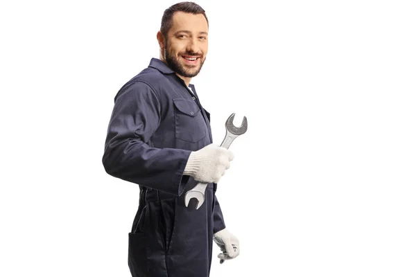 Car Mechanic Holding Wrench Looking Shoulder Isolated White Background — Stock Photo, Image