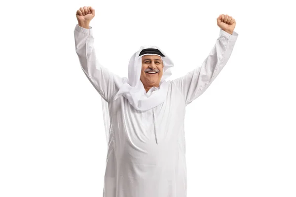 Izgatott Érett Arab Férfi Gesztikulál Boldogság Elszigetelt Fehér Háttér — Stock Fotó