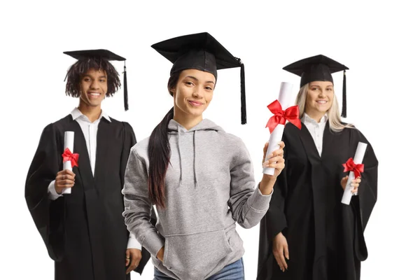 Estudantes Pós Graduação Feliz Segurando Certificados Isolados Fundo Branco — Fotografia de Stock