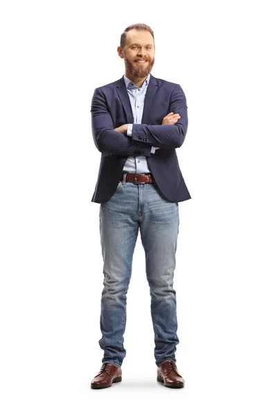 Young Man Jeans Suit Standing Folded Arms Smiling Isolated White — Stock Photo, Image